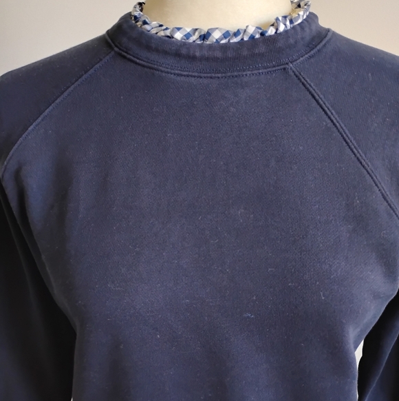 J.Crew Cotton Sweatshirt Micro Ruffle Neck Classic Navy Blue Gingham Size Small - Picture 3 of 13